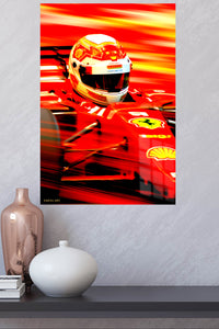 Red Racing Helmet in Motion metal wall art displayed in a modern interior