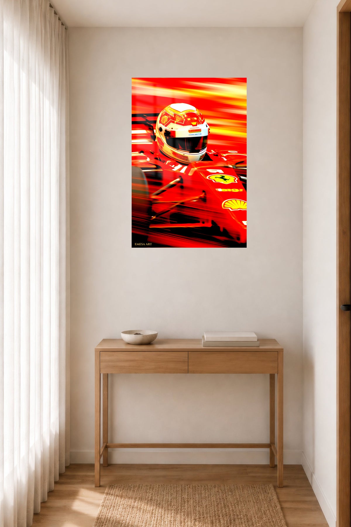 Red Racing Helmet in Motion metal wall art displayed in a contemporary living space