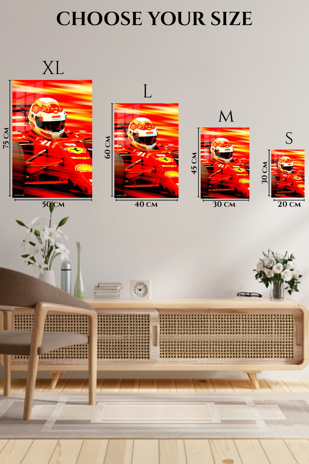 EMESA metal wall art size comparison guide for Red Racing Helmet in Motion