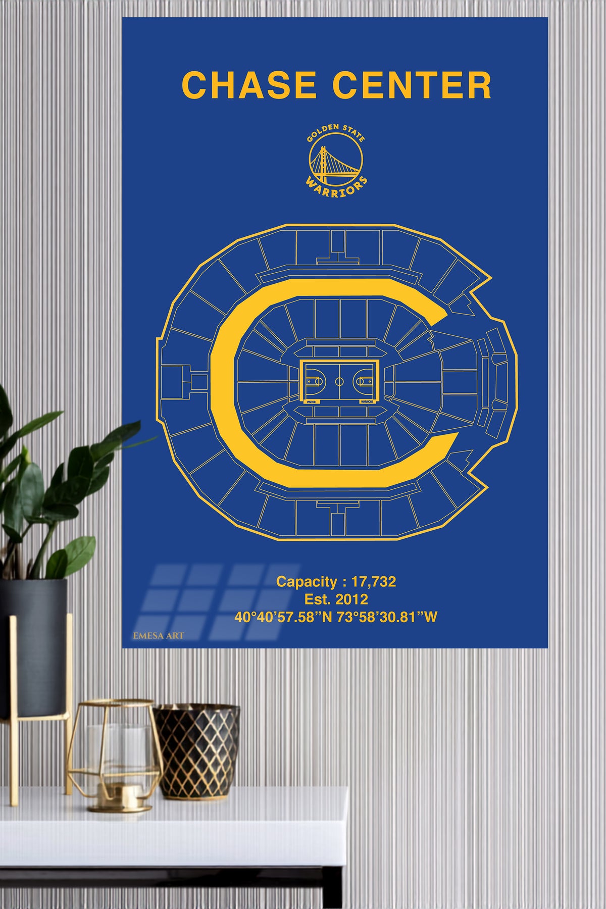 Chase Center Basketball Arena Diagram metal wall art displayed in a modern interior