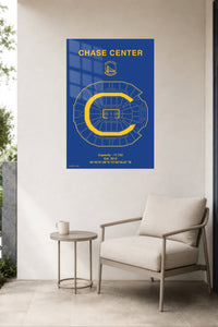 Chase Center Basketball Arena Diagram metal wall art displayed in a contemporary living space