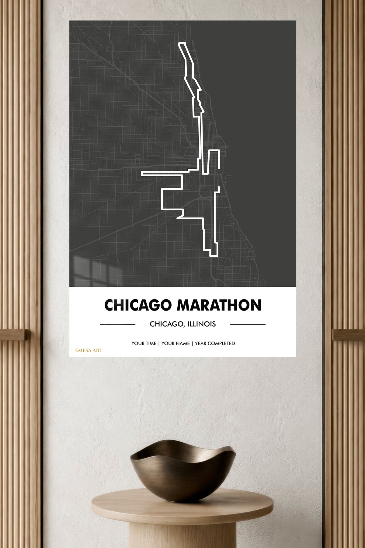 Chicago Marathon Route Map metal wall art displayed in a modern interior