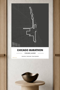 Chicago Marathon Route Map metal wall art displayed in a modern interior