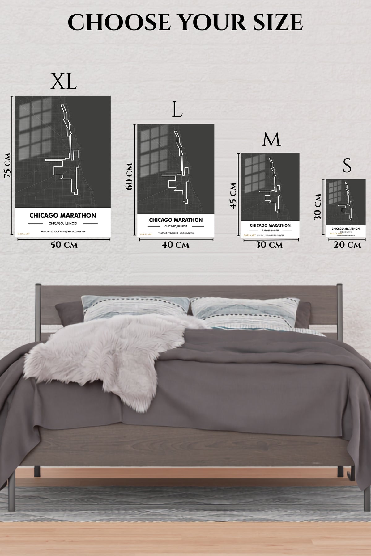 EMESA metal wall art size comparison guide for Chicago Marathon Route Map