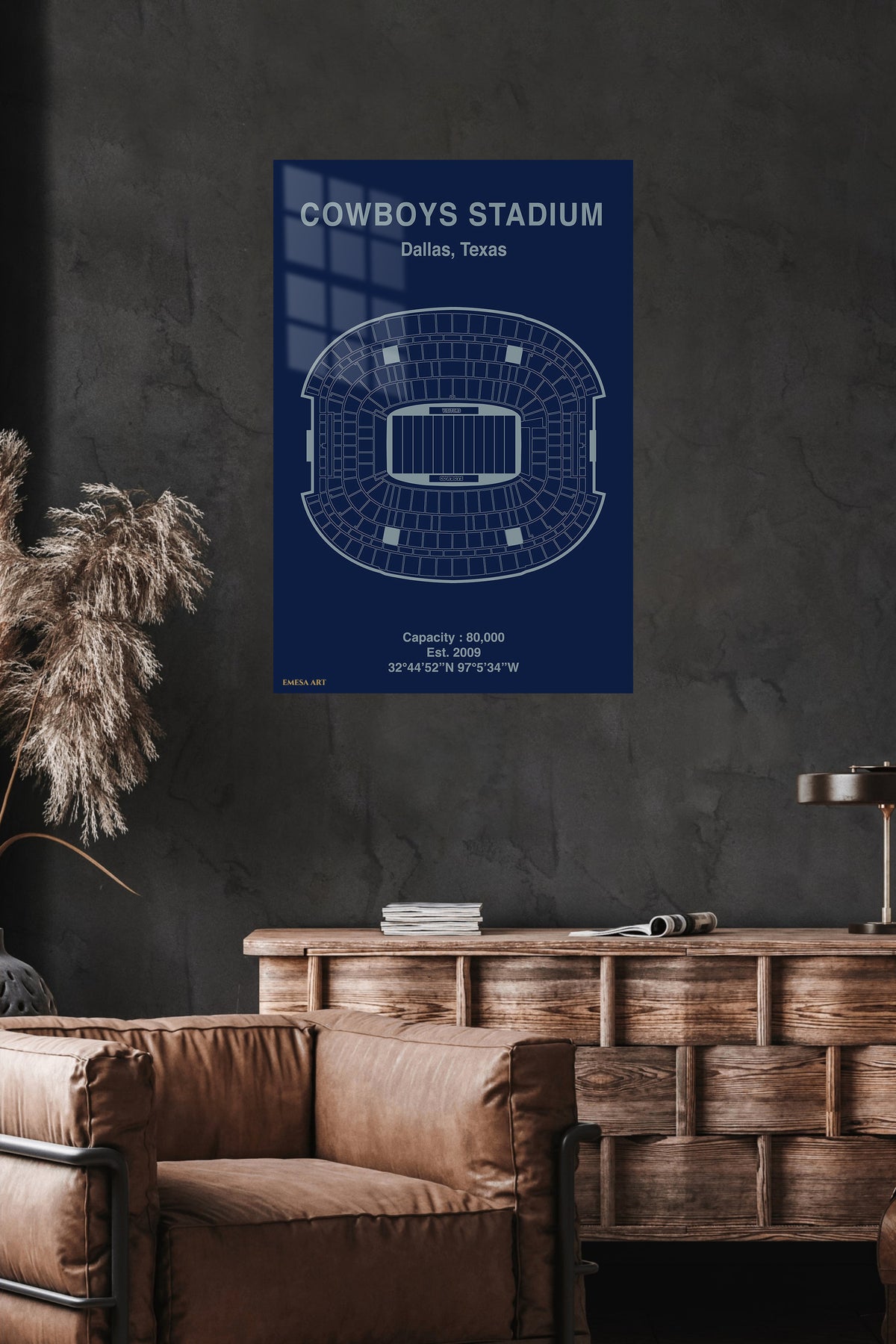 Cowboys Stadium Seating Map metal wall art displayed in a modern interior
