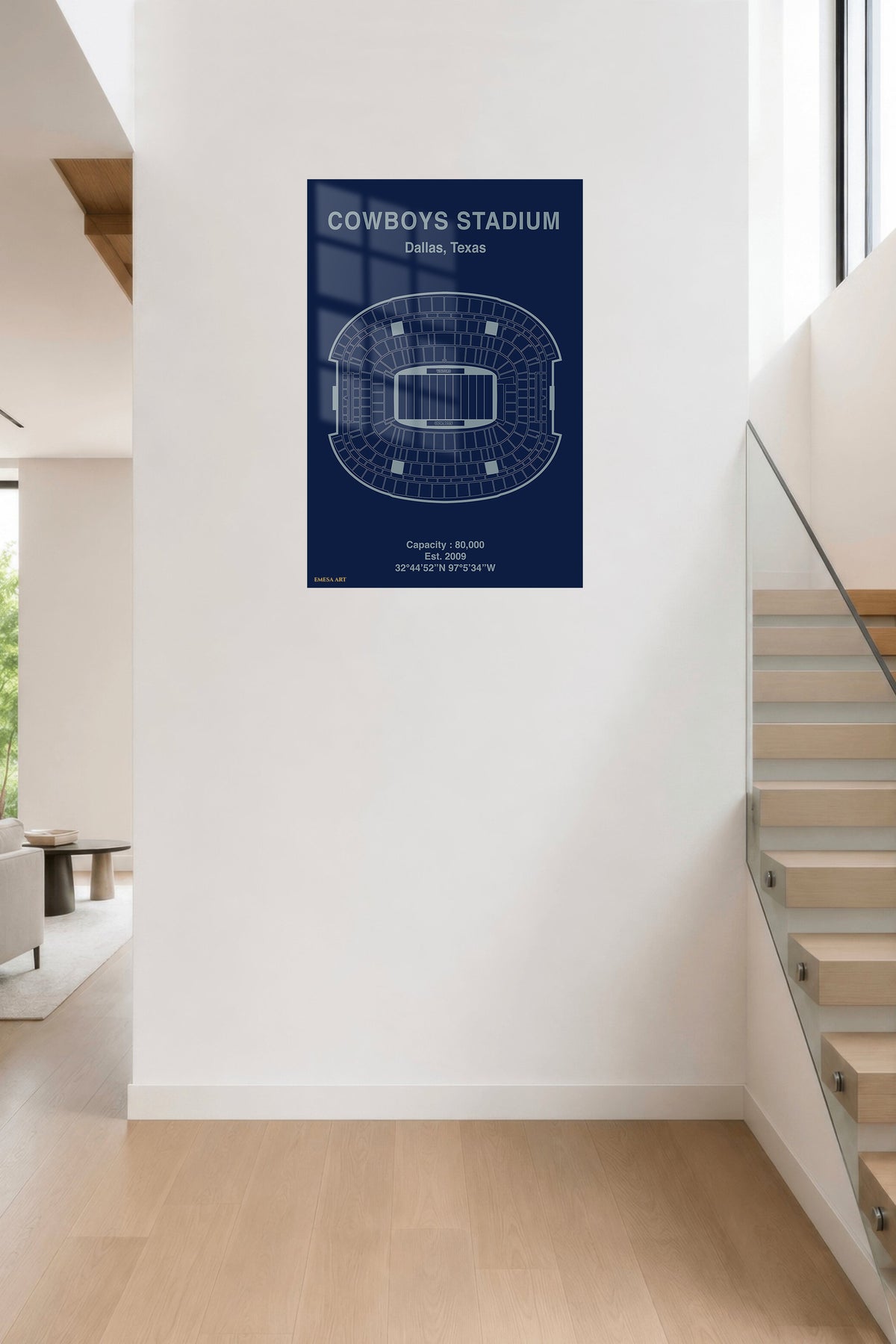 Cowboys Stadium Seating Map metal wall art displayed in a contemporary living space