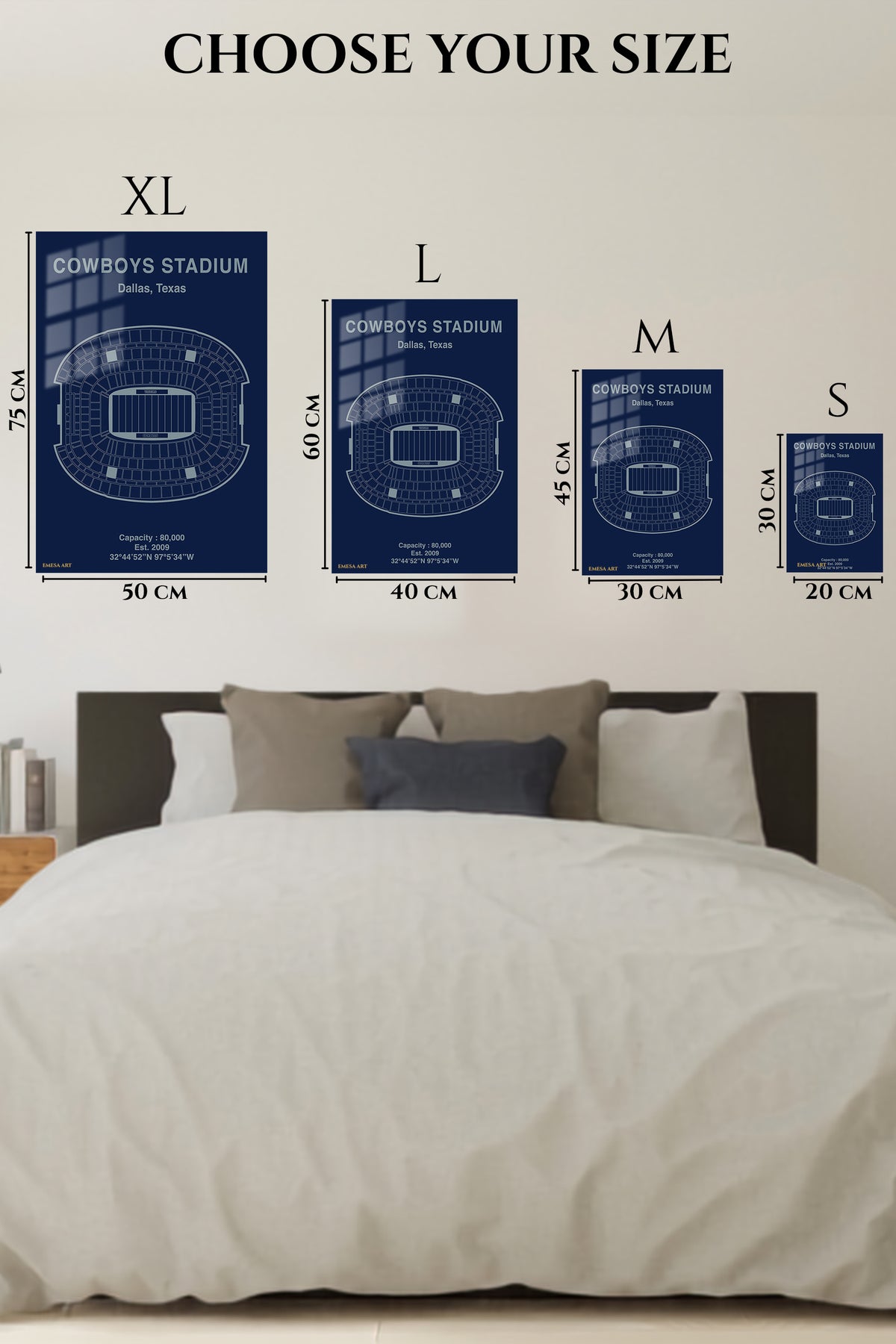 EMESA metal wall art size comparison guide for Cowboys Stadium Seating Map