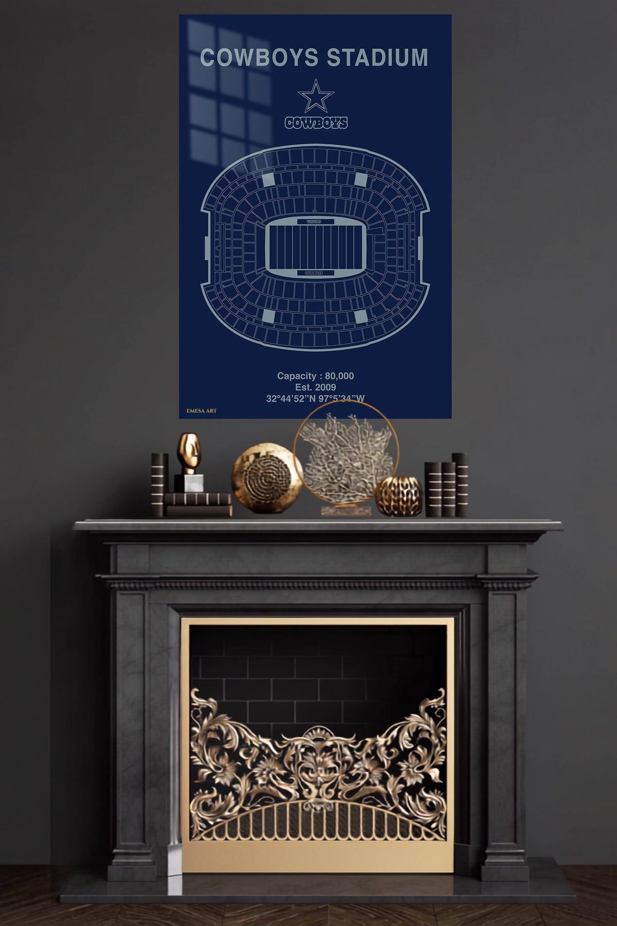 Football Stadium Seating Map with Star Emblem metal wall art displayed in a modern interior