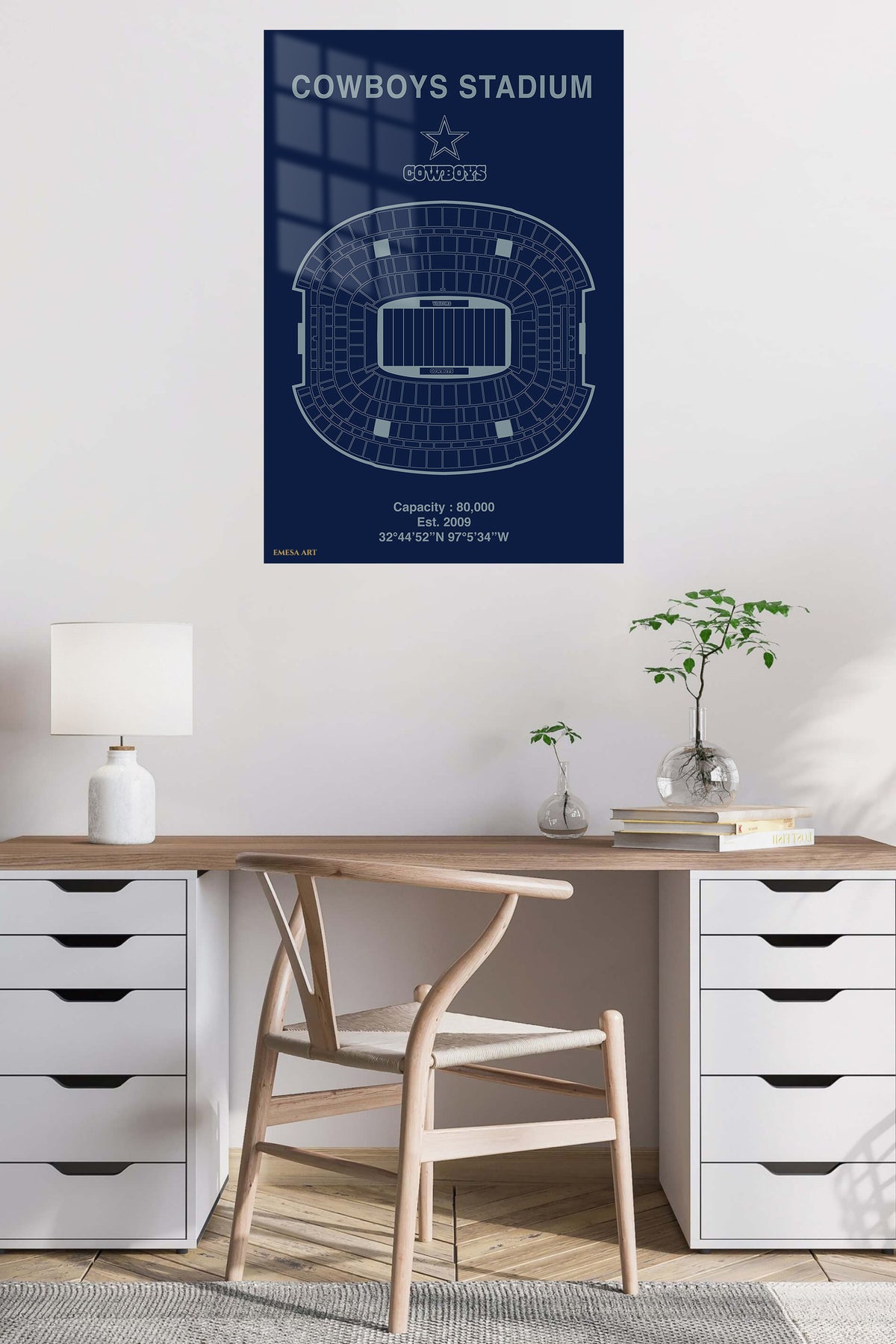 Football Stadium Seating Map with Star Emblem metal wall art displayed in a contemporary living space