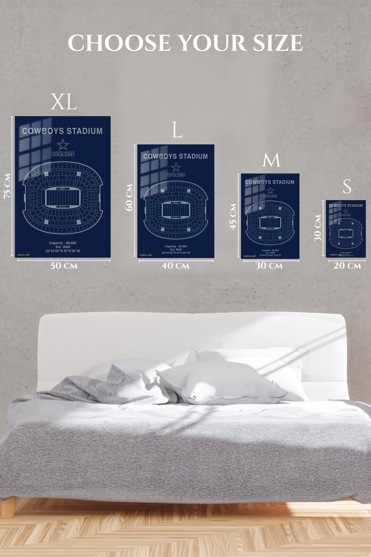 EMESA metal wall art size comparison guide for Football Stadium Seating Map with Star Emblem