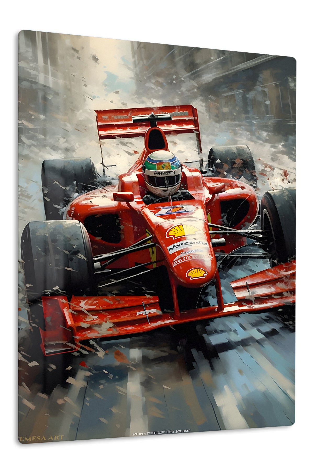 Red Open-Wheel Racer in Snowstorm premium metal wall art – front view