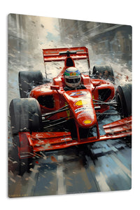 Red Open-Wheel Racer in Snowstorm premium metal wall art – front view