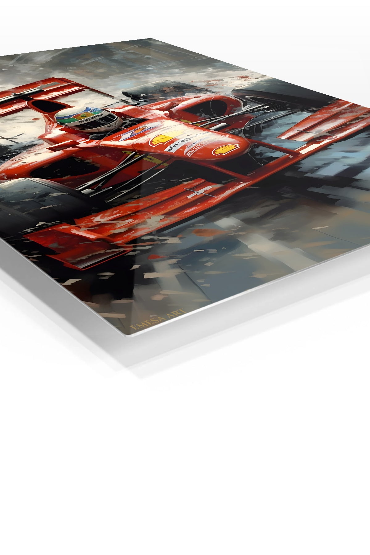 Red Open-Wheel Racer in Snowstorm premium metal wall art – angled view