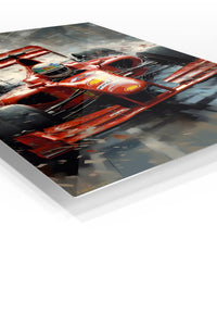 Red Open-Wheel Racer in Snowstorm premium metal wall art – angled view