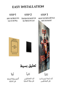 Magnetic mounting installation guide for Red Open-Wheel Racer in Snowstorm metal wall art