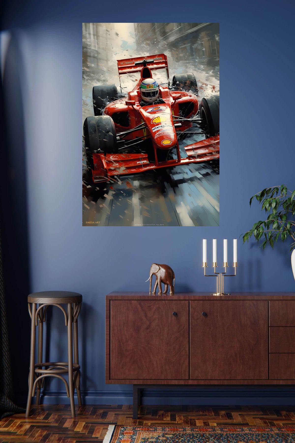 Red Open-Wheel Racer in Snowstorm metal wall art displayed in a modern interior