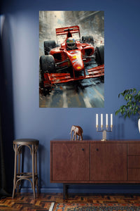 Red Open-Wheel Racer in Snowstorm metal wall art displayed in a modern interior