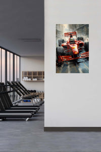 Red Open-Wheel Racer in Snowstorm metal wall art displayed in a contemporary living space