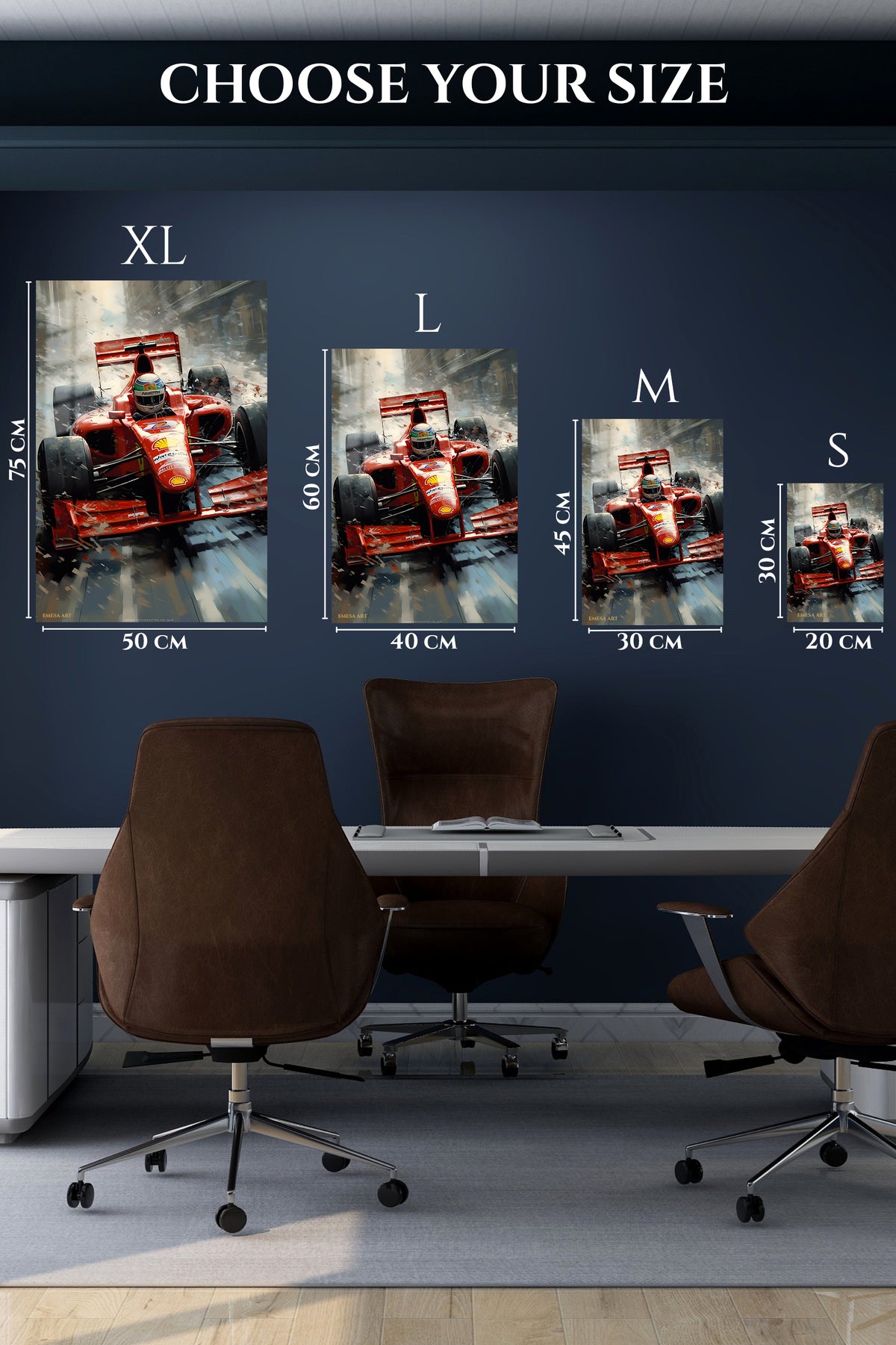 EMESA metal wall art size comparison guide for Red Open-Wheel Racer in Snowstorm
