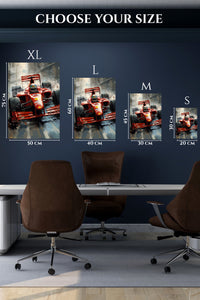 EMESA metal wall art size comparison guide for Red Open-Wheel Racer in Snowstorm