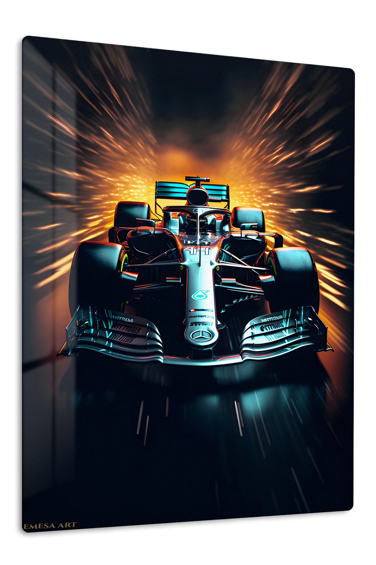 Neon Open-Wheel Racer premium metal wall art – front view