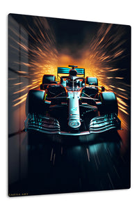 Neon Open-Wheel Racer premium metal wall art – front view