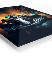 Neon Open-Wheel Racer premium metal wall art – angled view