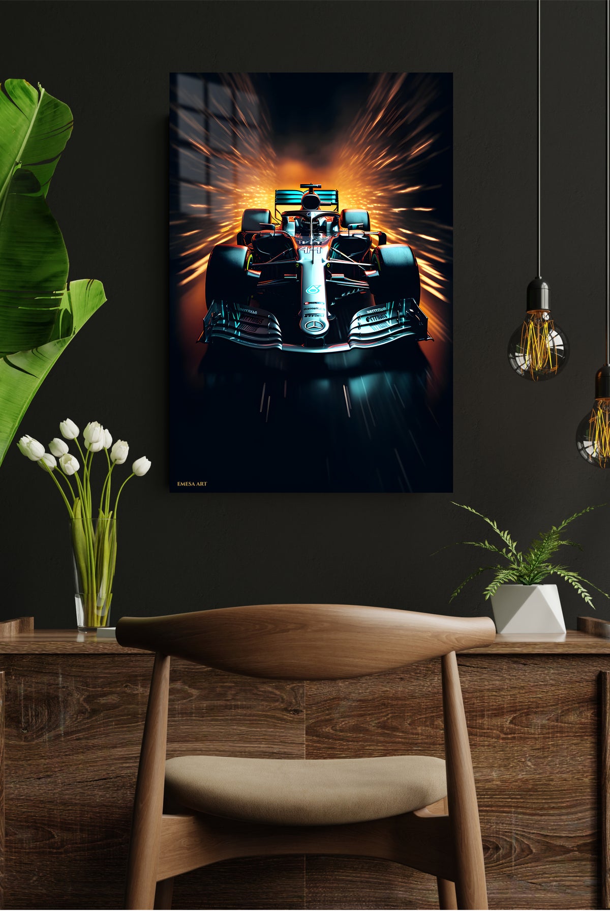 Neon Open-Wheel Racer metal wall art displayed in a modern interior