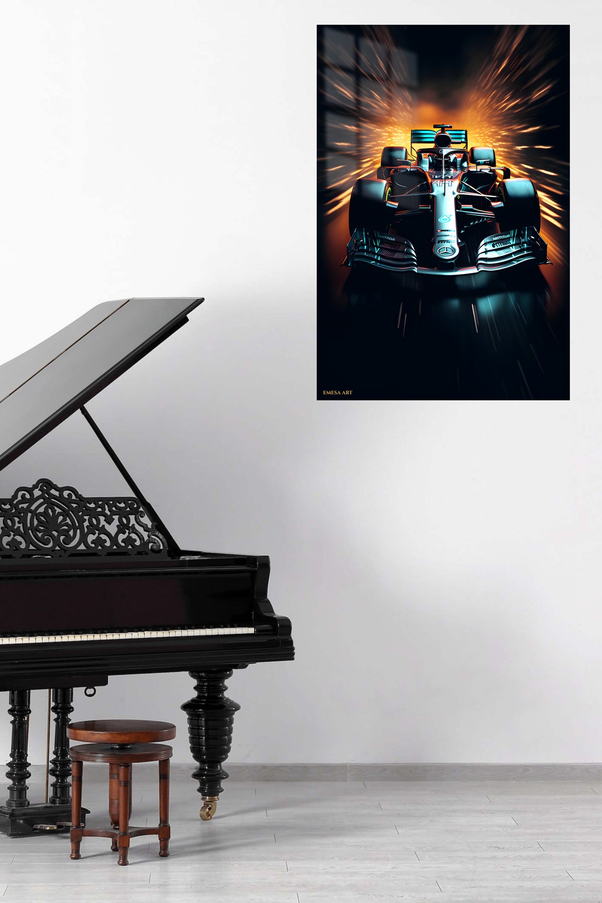 Neon Open-Wheel Racer metal wall art displayed in a contemporary living space