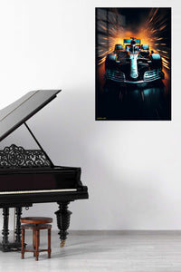 Neon Open-Wheel Racer metal wall art displayed in a contemporary living space