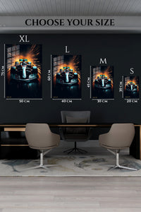 EMESA metal wall art size comparison guide for Neon Open-Wheel Racer