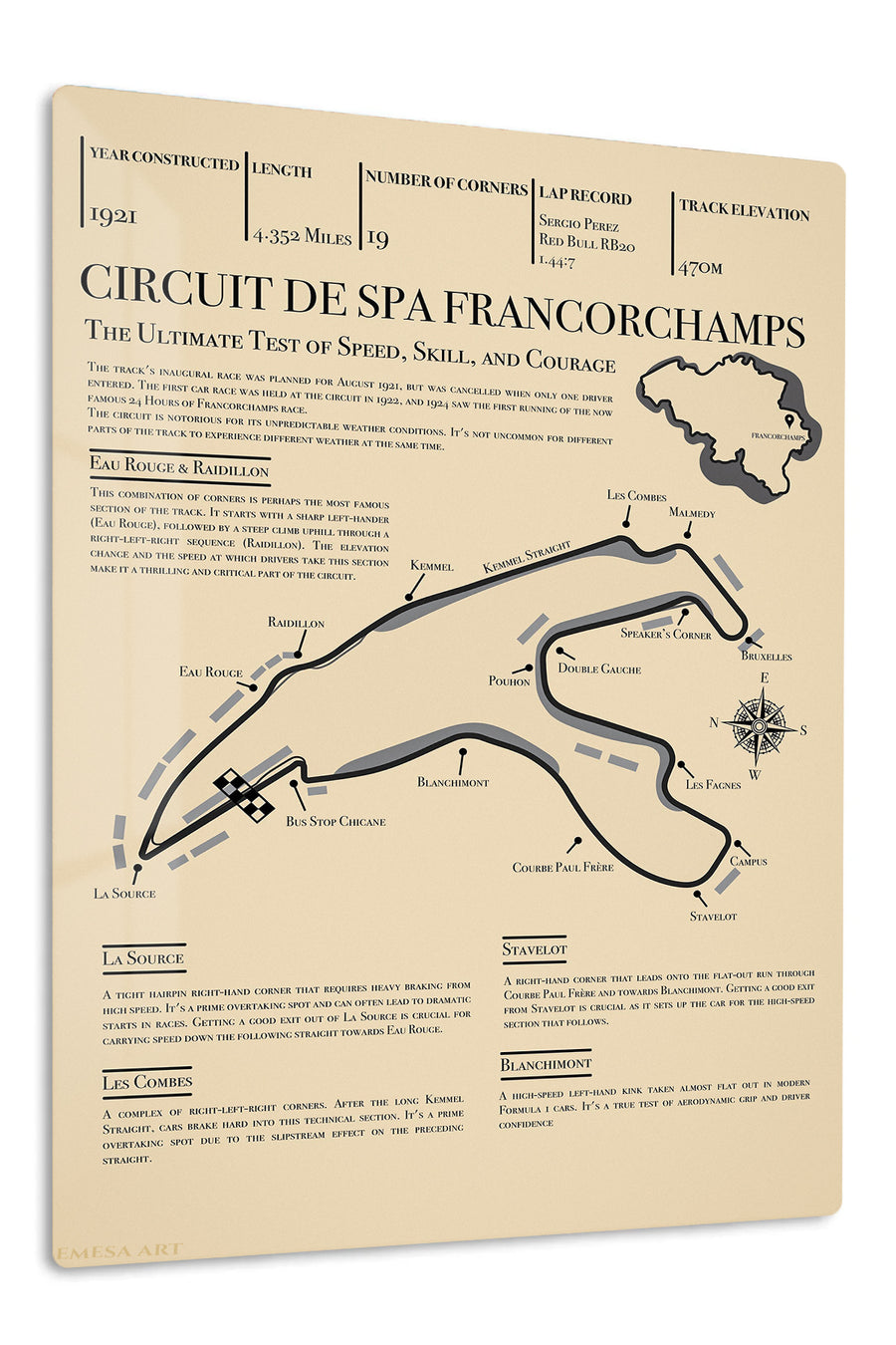 Circuit de Spa Francorchamps Track Guide premium metal wall art – front view