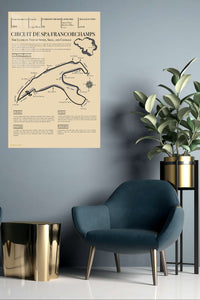 Circuit de Spa Francorchamps Track Guide metal wall art displayed in a contemporary living space