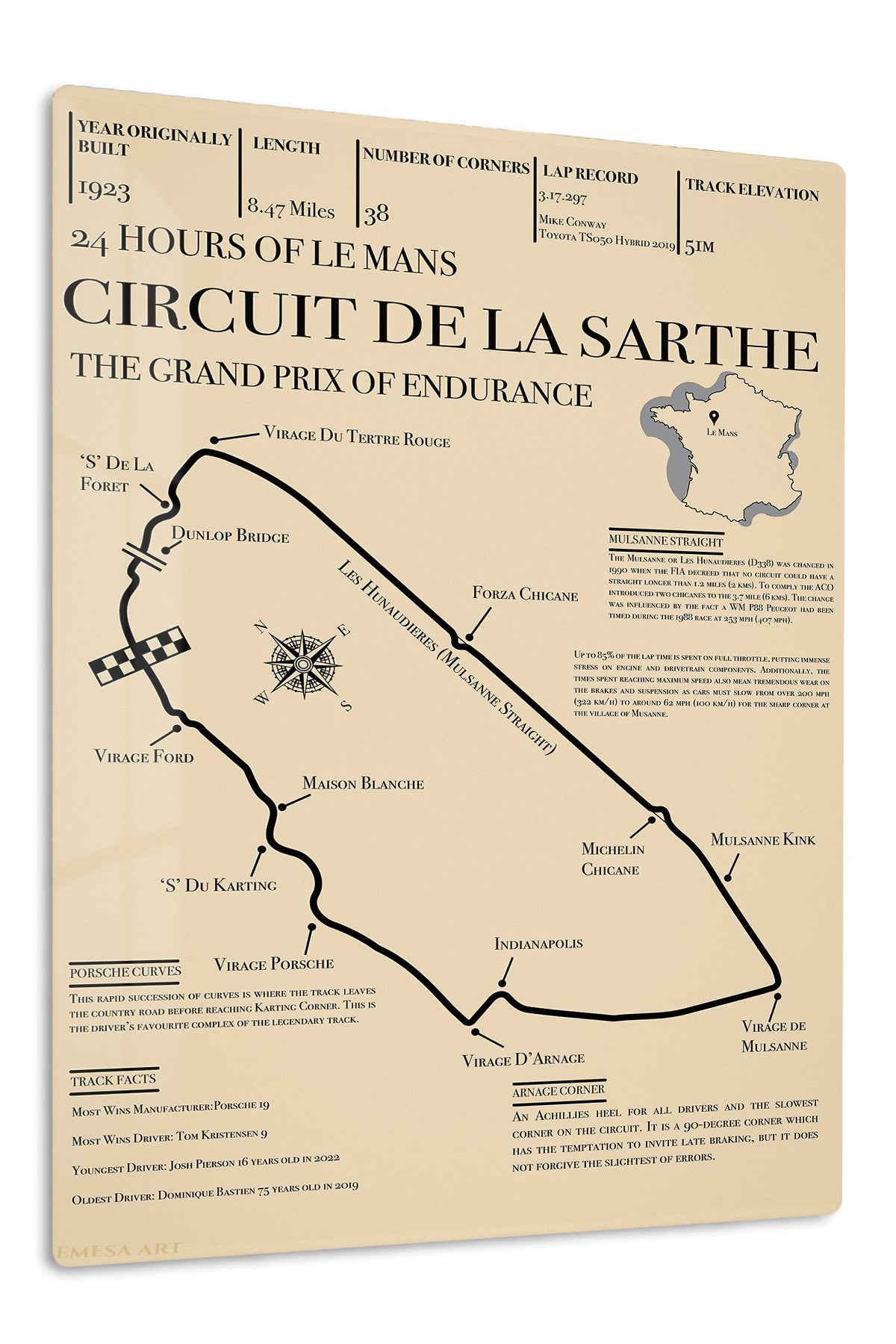 Circuit de la Sarthe Endurance Track Map premium metal wall art – front view