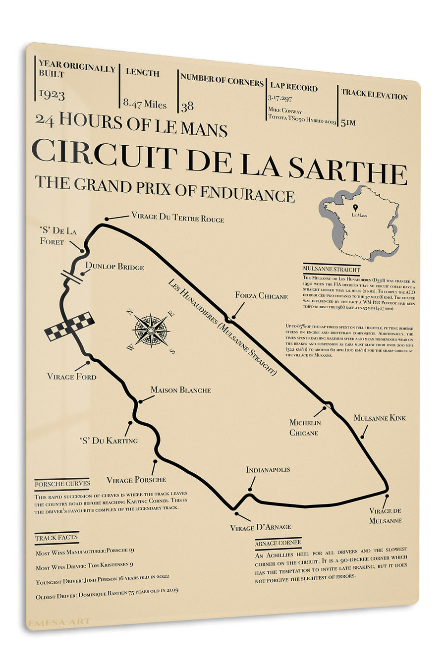 Circuit de la Sarthe Endurance Track Map premium metal wall art – front view