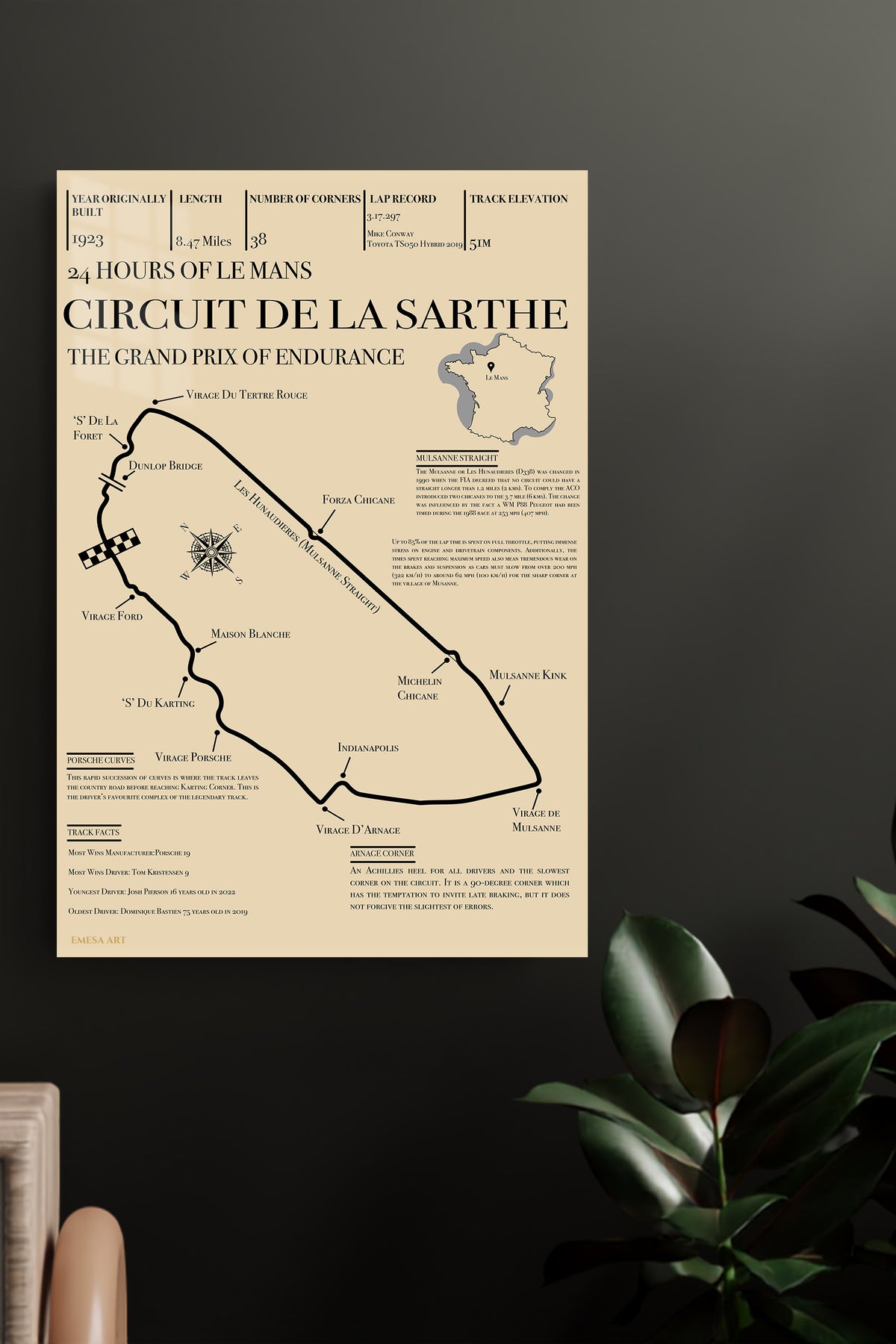 Circuit de la Sarthe Endurance Track Map metal wall art displayed in a modern interior