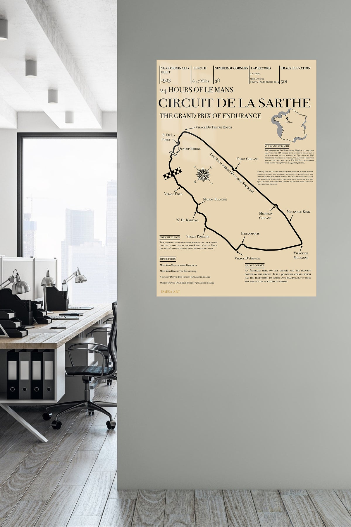 Circuit de la Sarthe Endurance Track Map metal wall art displayed in a contemporary living space