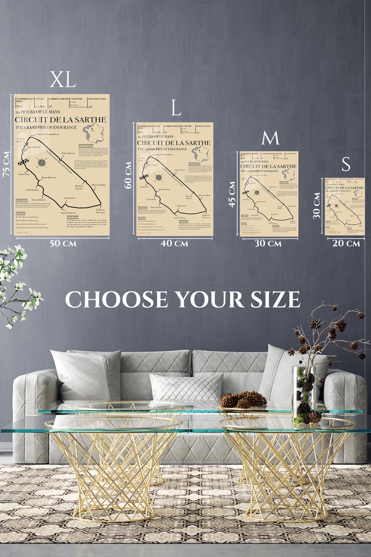 EMESA metal wall art size comparison guide for Circuit de la Sarthe Endurance Track Map