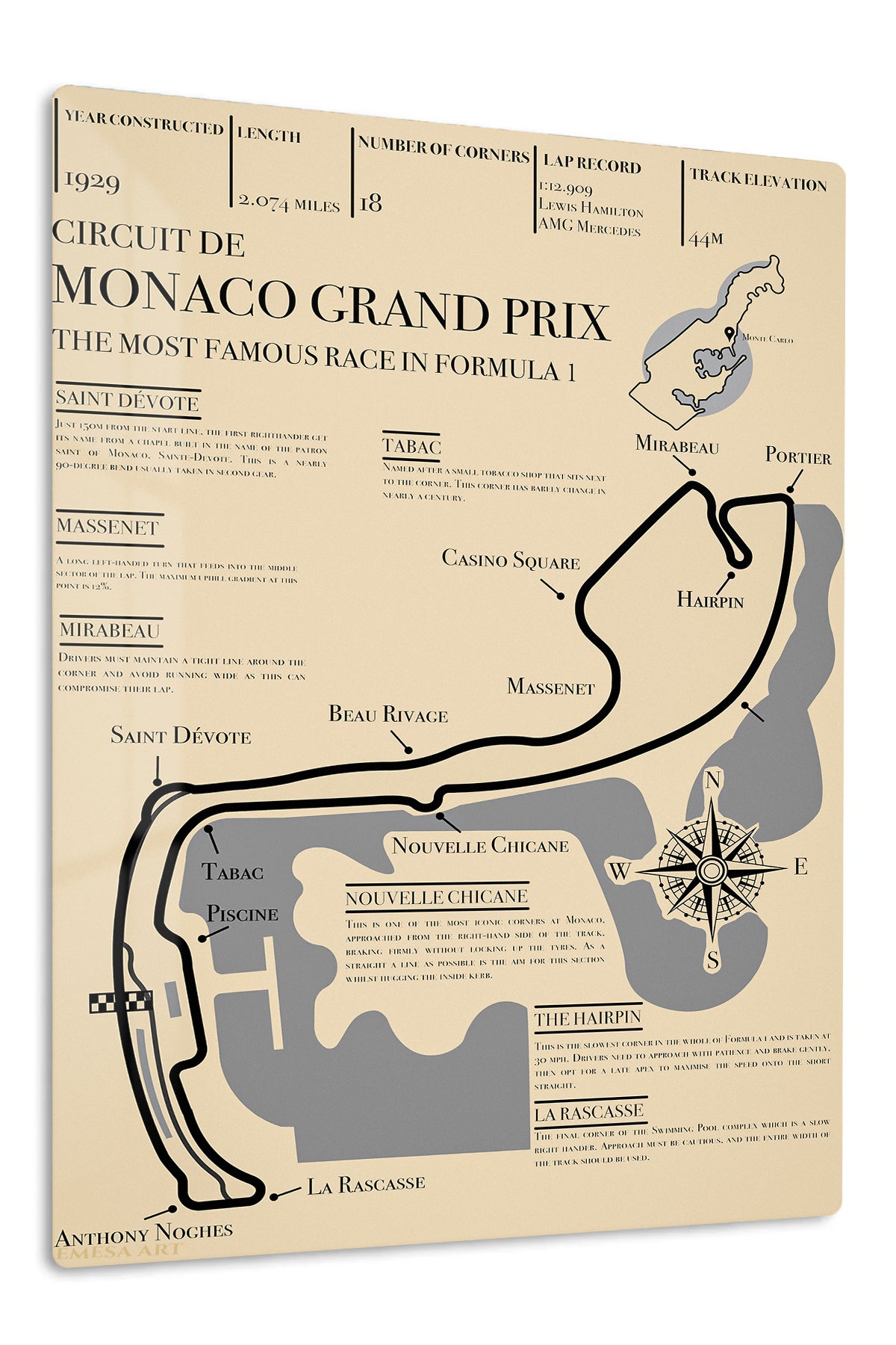 Monaco Grand Prix Circuit Map premium metal wall art – front view