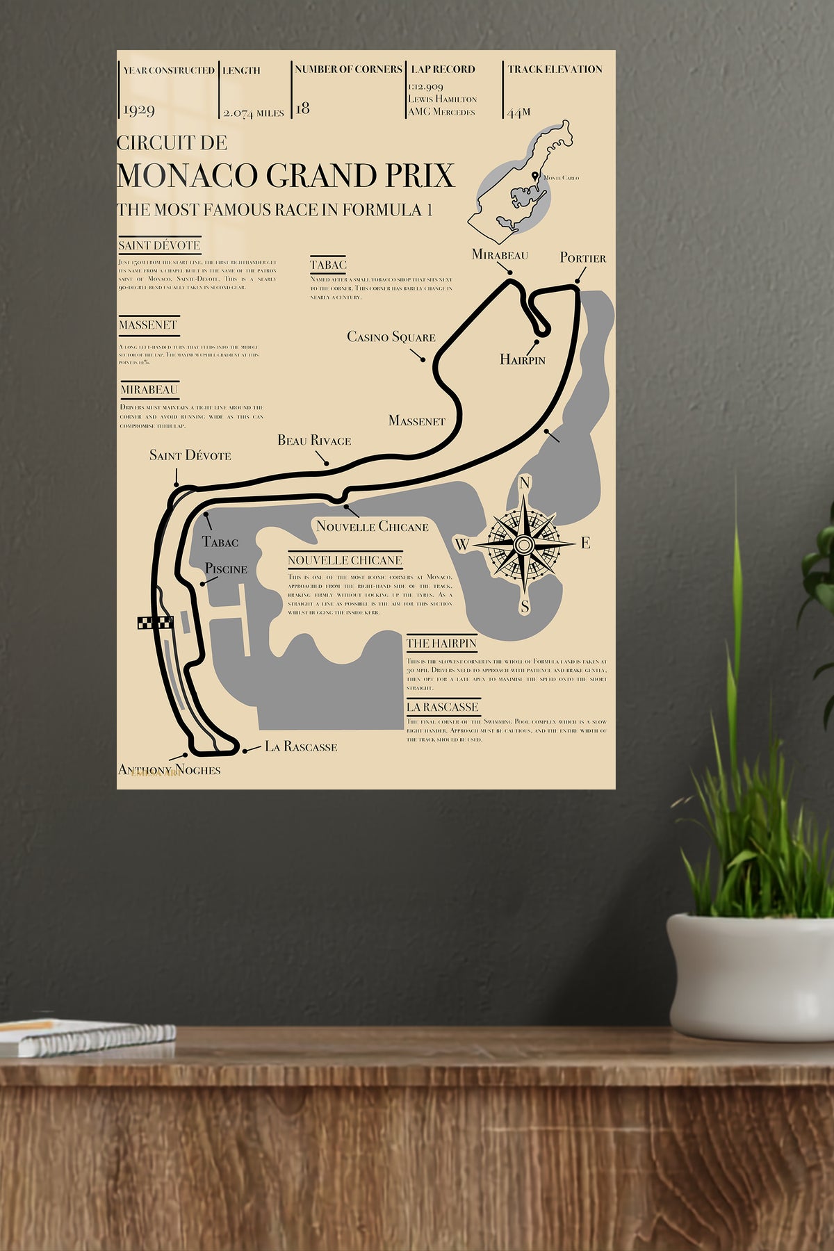 Monaco Grand Prix Circuit Map metal wall art displayed in a modern interior