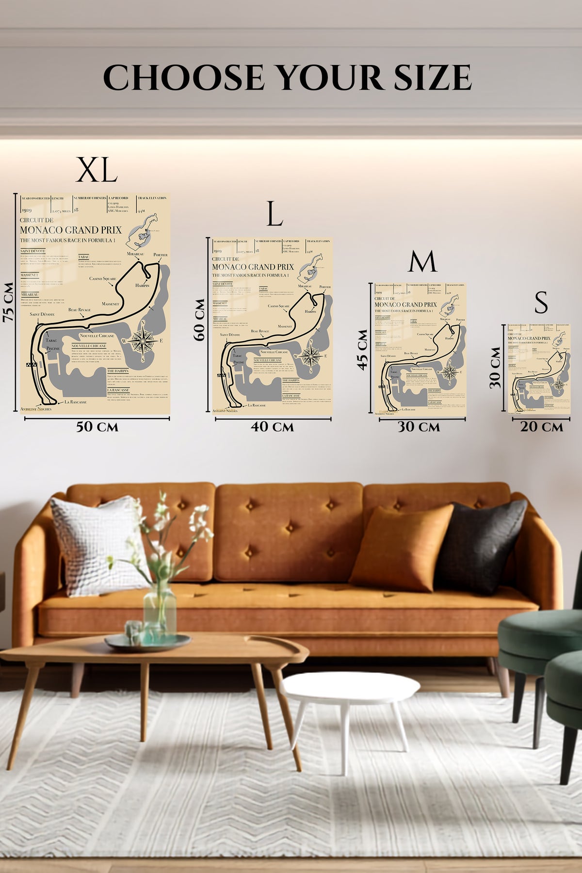 EMESA metal wall art size comparison guide for Monaco Grand Prix Circuit Map