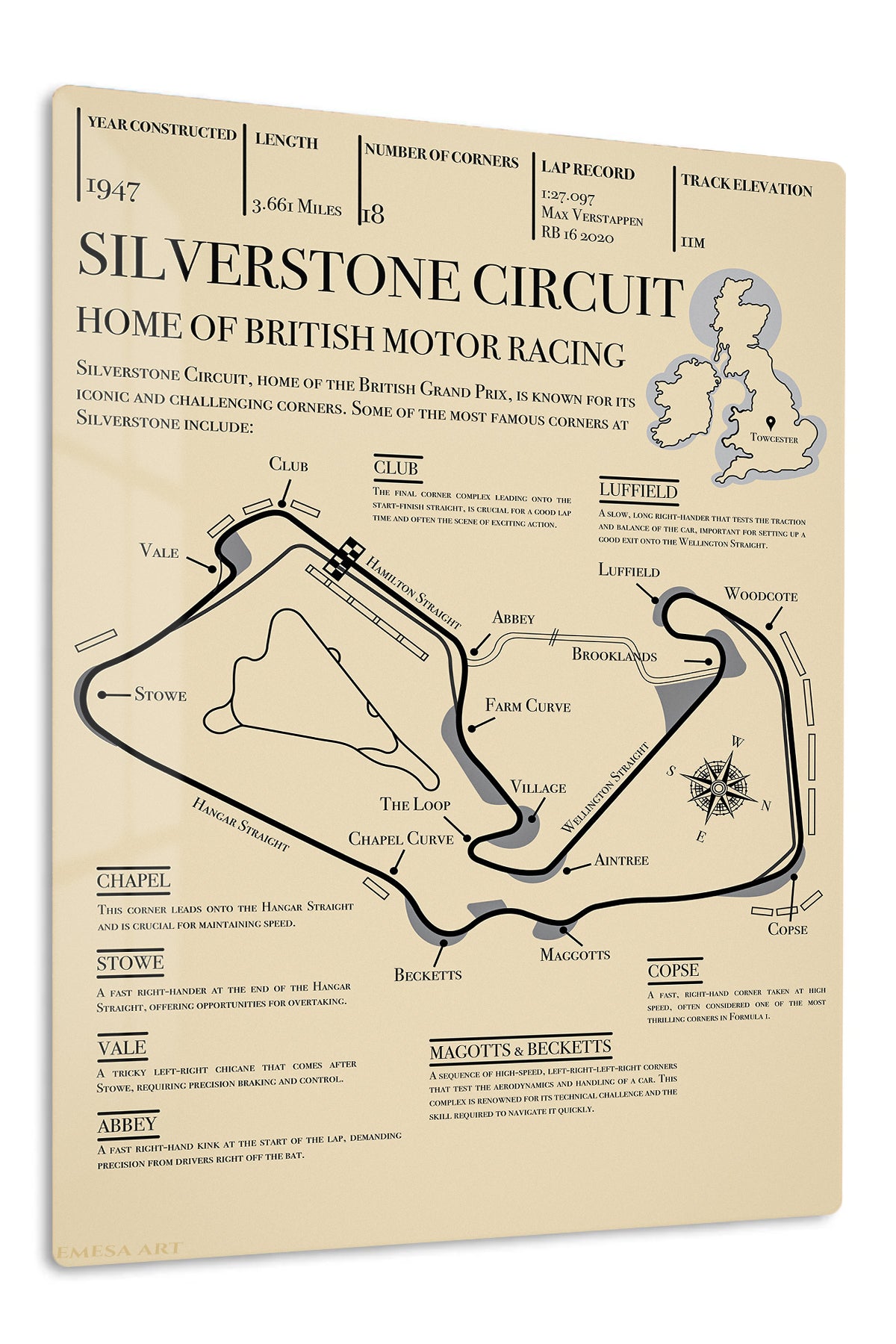 Silverstone Circuit Racing Map premium metal wall art – front view