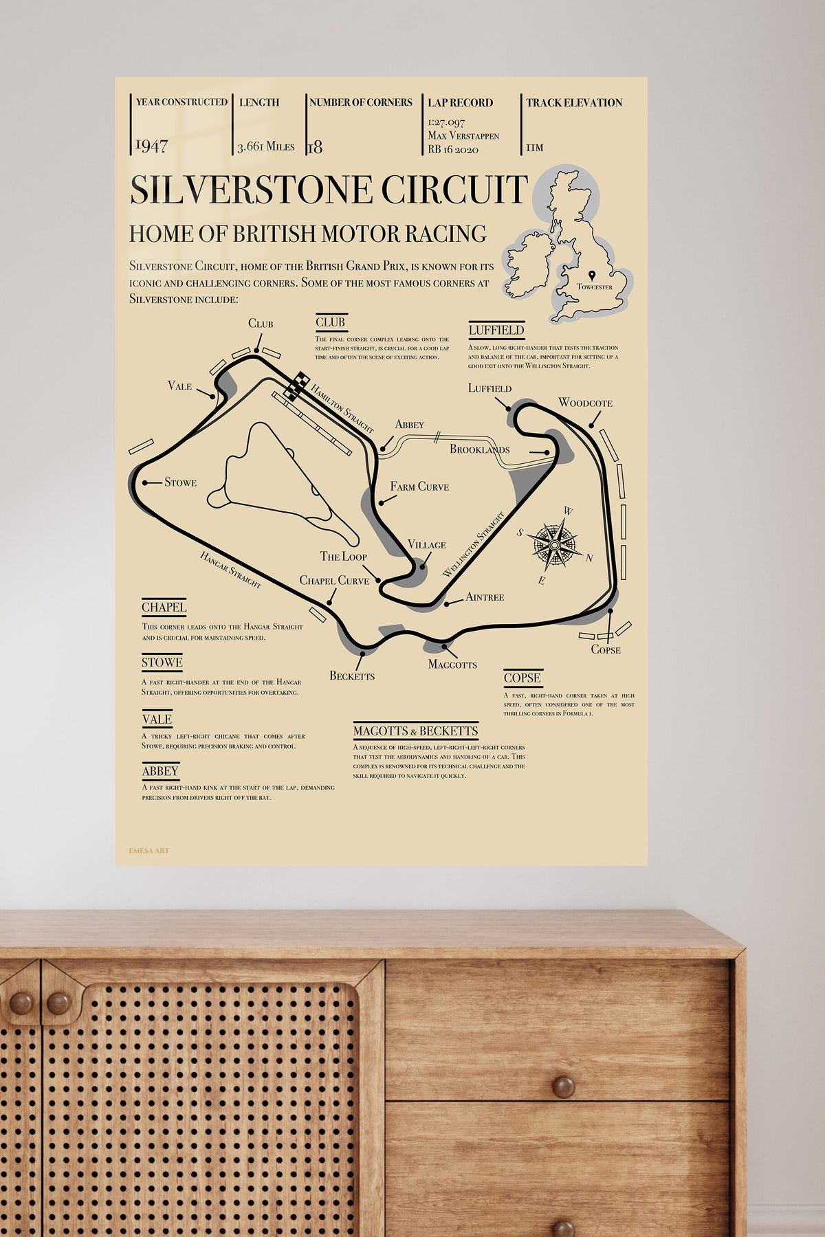 Silverstone Circuit Racing Map metal wall art displayed in a modern interior