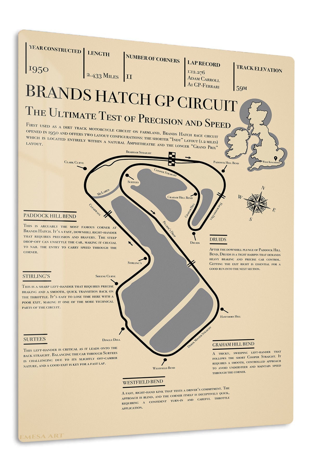 Brands Hatch Grand Prix Circuit Guide premium metal wall art – front view