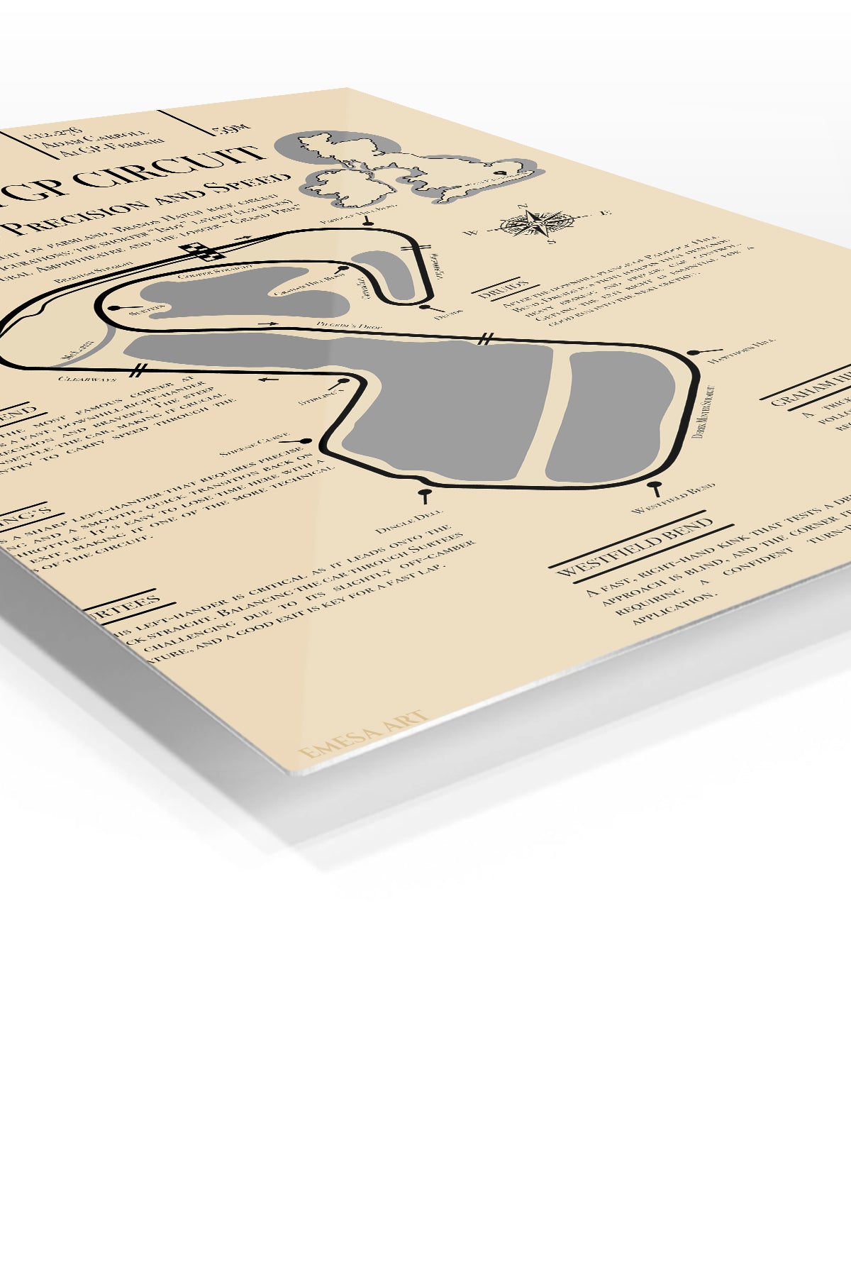 Brands Hatch Grand Prix Circuit Guide premium metal wall art – angled view