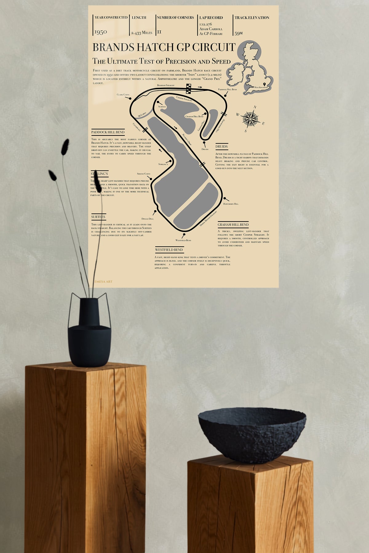 Brands Hatch Grand Prix Circuit Guide metal wall art displayed in a modern interior