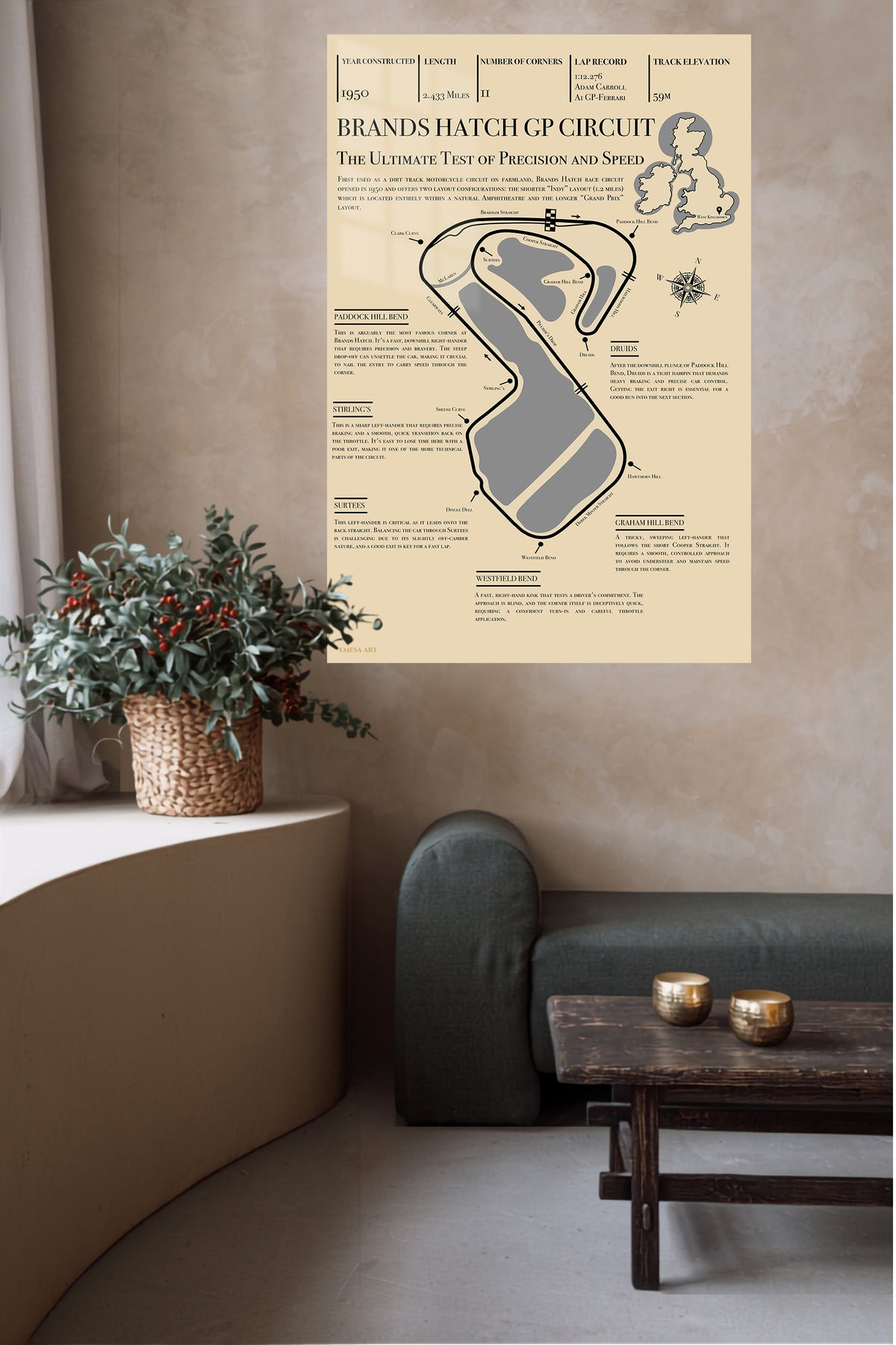 Brands Hatch Grand Prix Circuit Guide metal wall art displayed in a contemporary living space
