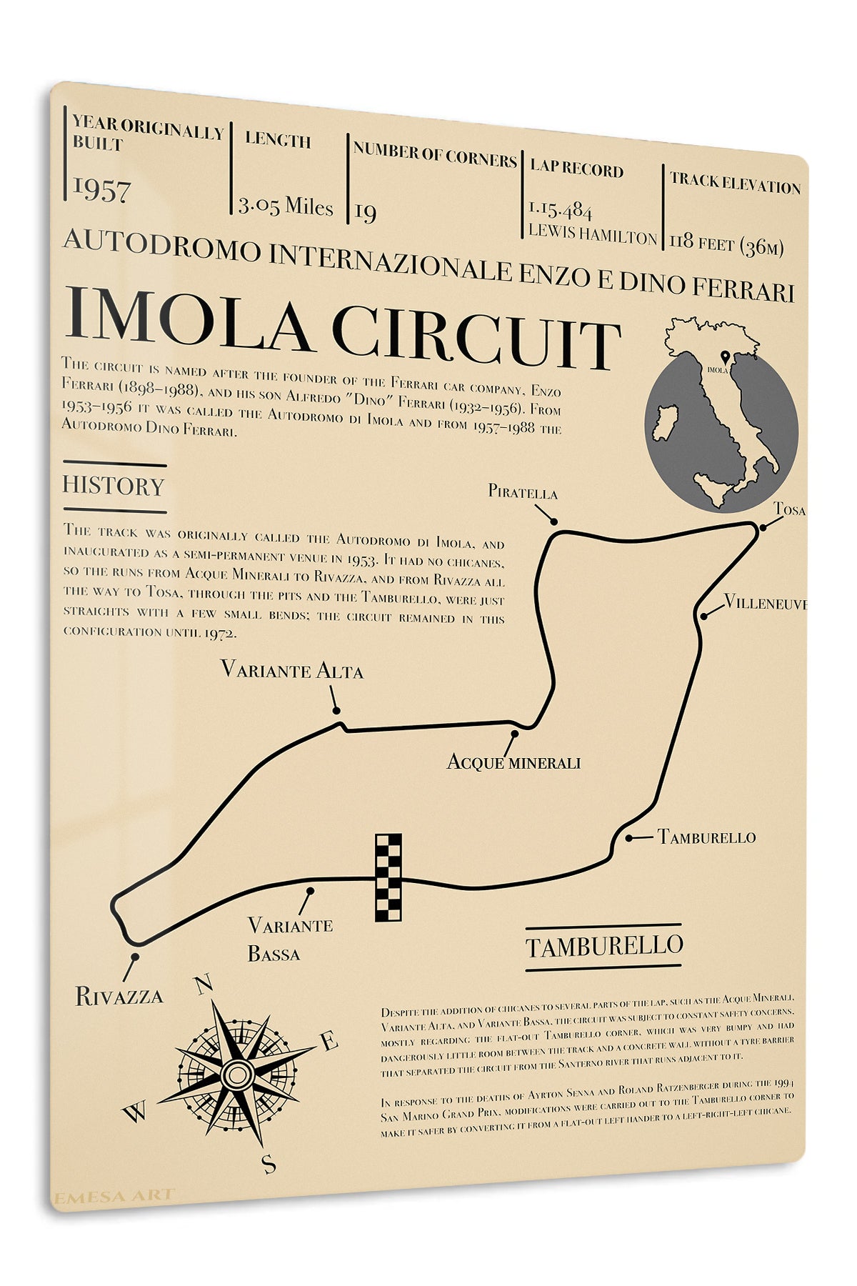Imola Circuit Track Map Poster premium metal wall art – front view