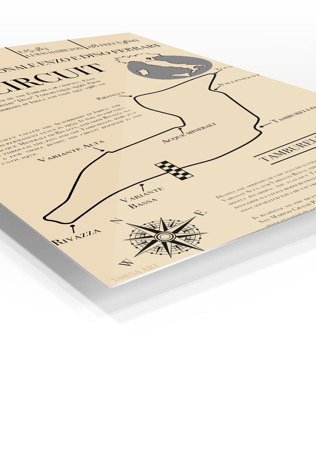 Imola Circuit Track Map Poster premium metal wall art – angled view