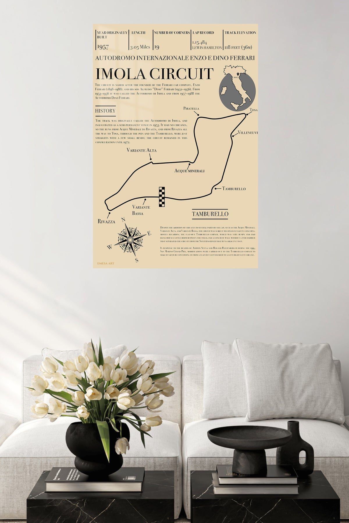 Imola Circuit Track Map Poster metal wall art displayed in a contemporary living space